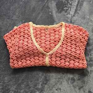 Vintage One Girl Who Crochet Flower Pocket Sweater Size Small